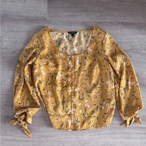 Banana Republic Mustard Yellow Floral Tie-Cuff Blouse